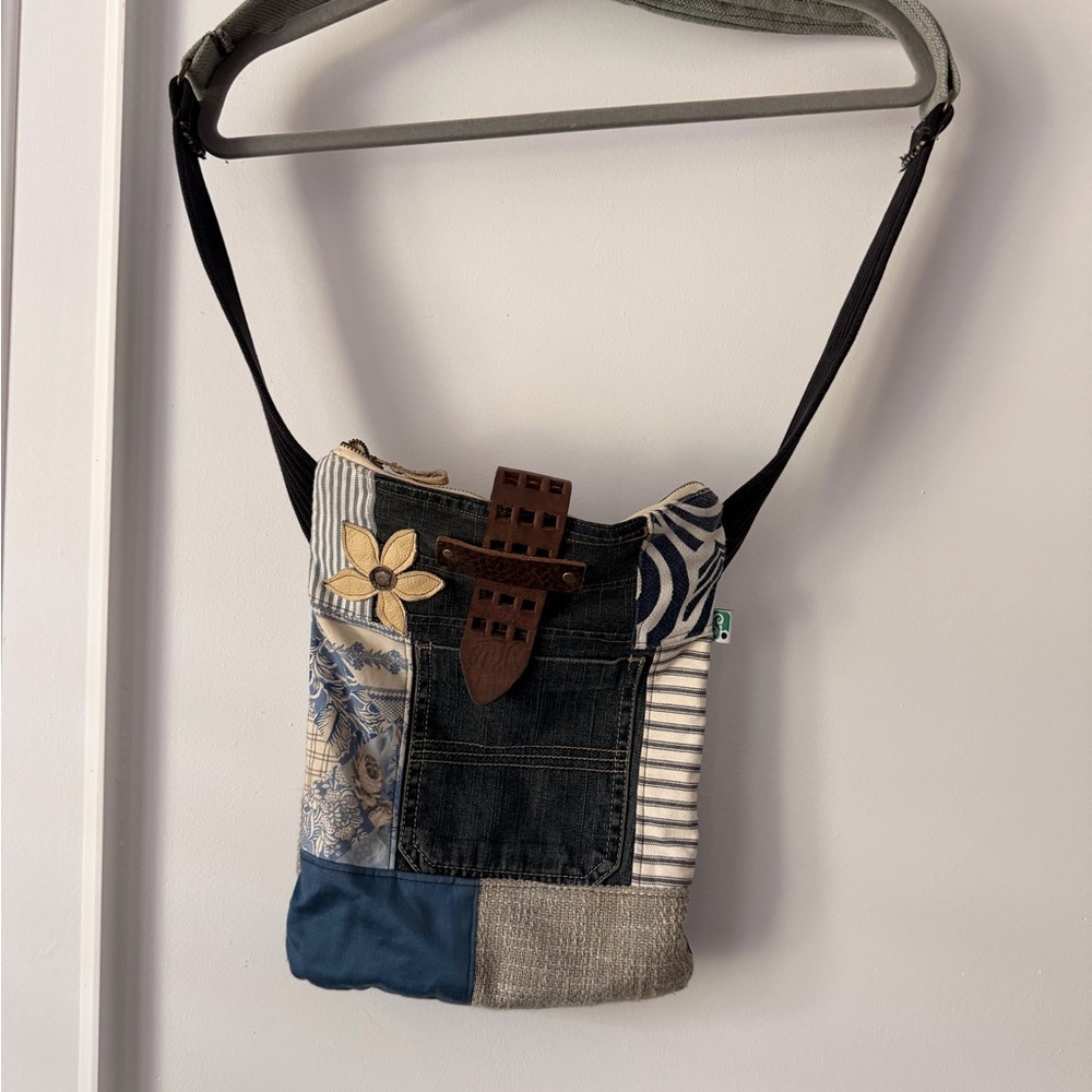 Patchwork Blue & Neutral Crossbody Bag - Handmade Style